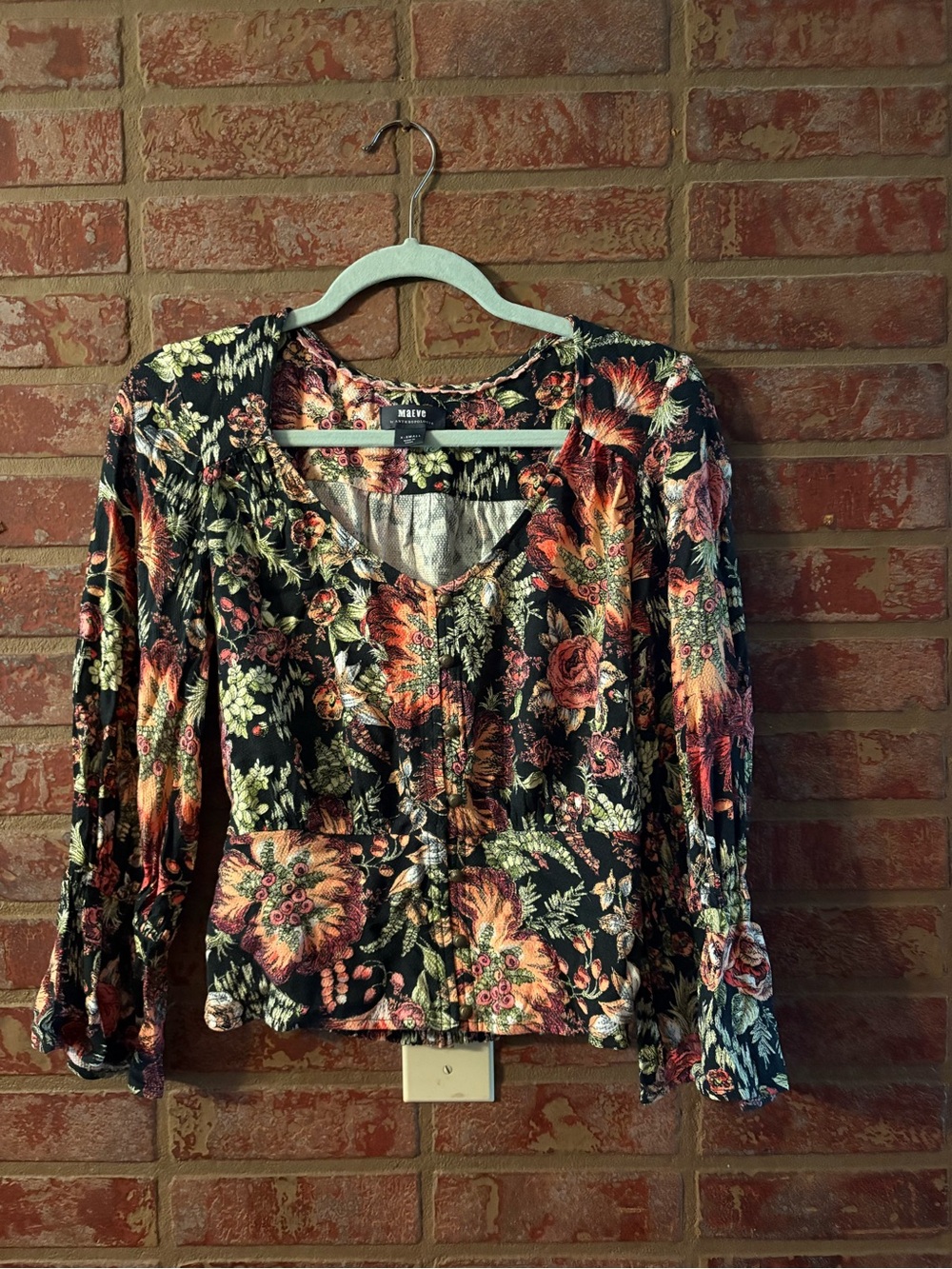 Anthropologie Black Floral Button-Front Long-Sleeve Top